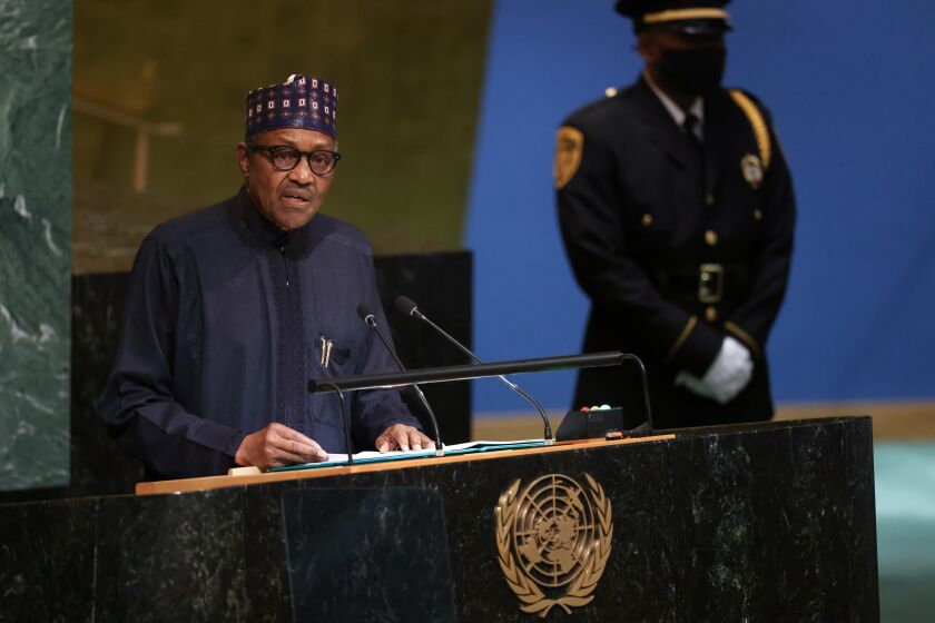 President of Nigeria Muhammadu Buhari addresses the 77th session of the United Nations General Assembly, Wednesday, Sept. 21, 2022, at the United Nations Headquarters. (AP Photo/Julia Nikhinson)