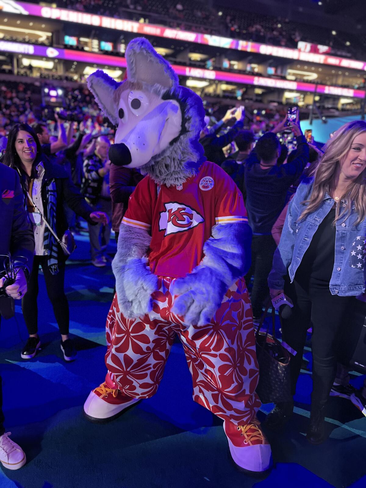 Kansas City Chiefs mascot KC Wolf performs in Phoenix ahead of Super Bowl LVII.