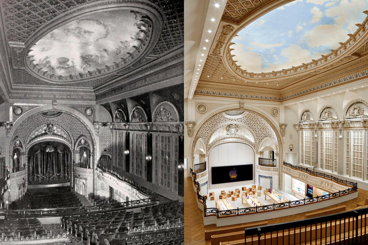 The photo at left is a vintage view of the old movie theater. The photo at right shows the retail spaces.