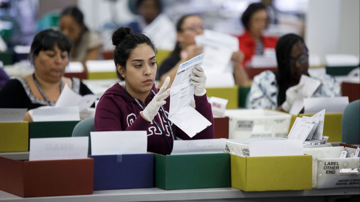 Mail-in ballots are sorted at the Los Angeles County Registrar-Recorder's office in Norwalk on Nov. 7, 2018.