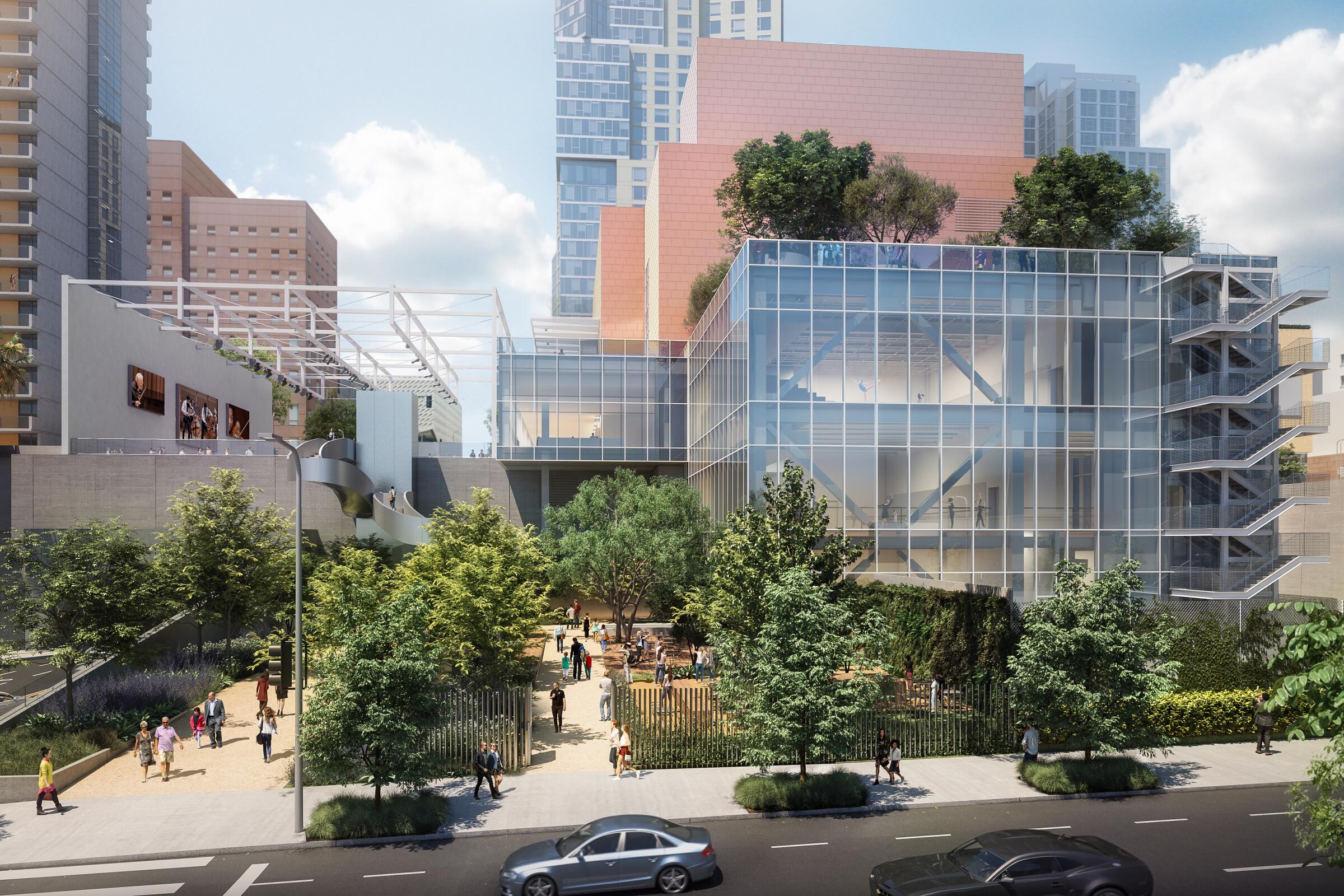 Rendering of Colburn dance school from Hill St. towards Olive St. with the public plaza on the left and concert hall behind