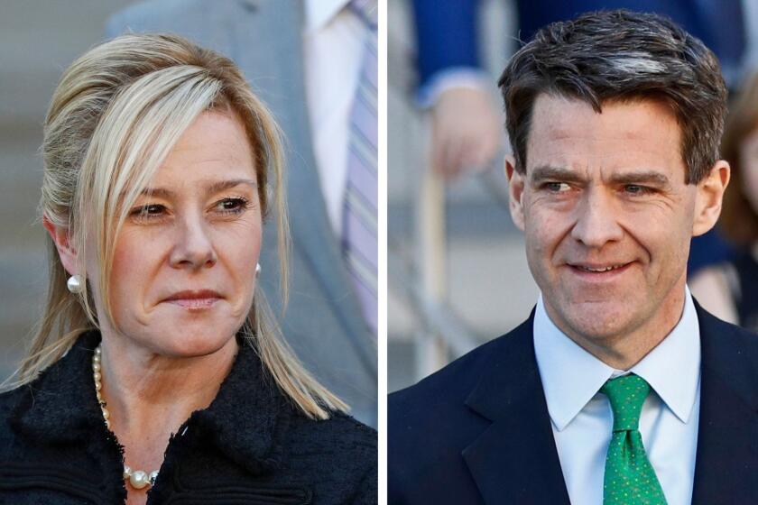 FILE  This combination of March 29, 2017, file photos shows Bridget Kelly, left, leaving federal court after sentencing, and Bill Baroni, leaving federal court after sentencing in Newark, N.J. The U.S. Supreme Court has set a date for when it will consider whether to hear the appeal of convicted "Bridgegate" defendants. They were convicted in 2016 on multiple counts of fraud and civil rights violations for realigning the lanes, without telling local officials, to punish Fort Lee's Democratic mayor for not endorsing their boss, Republican Gov. Chris Christie. (AP Photos/Julio Cortez, File)