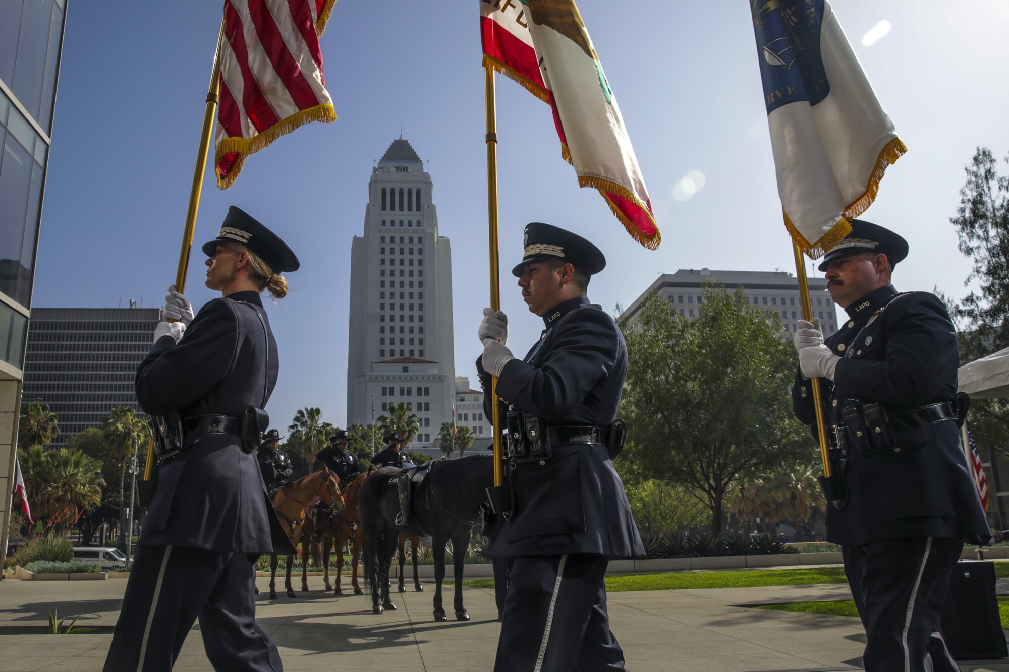 LAPD color guard at a memorial ceremony held at LAPD headquarters.