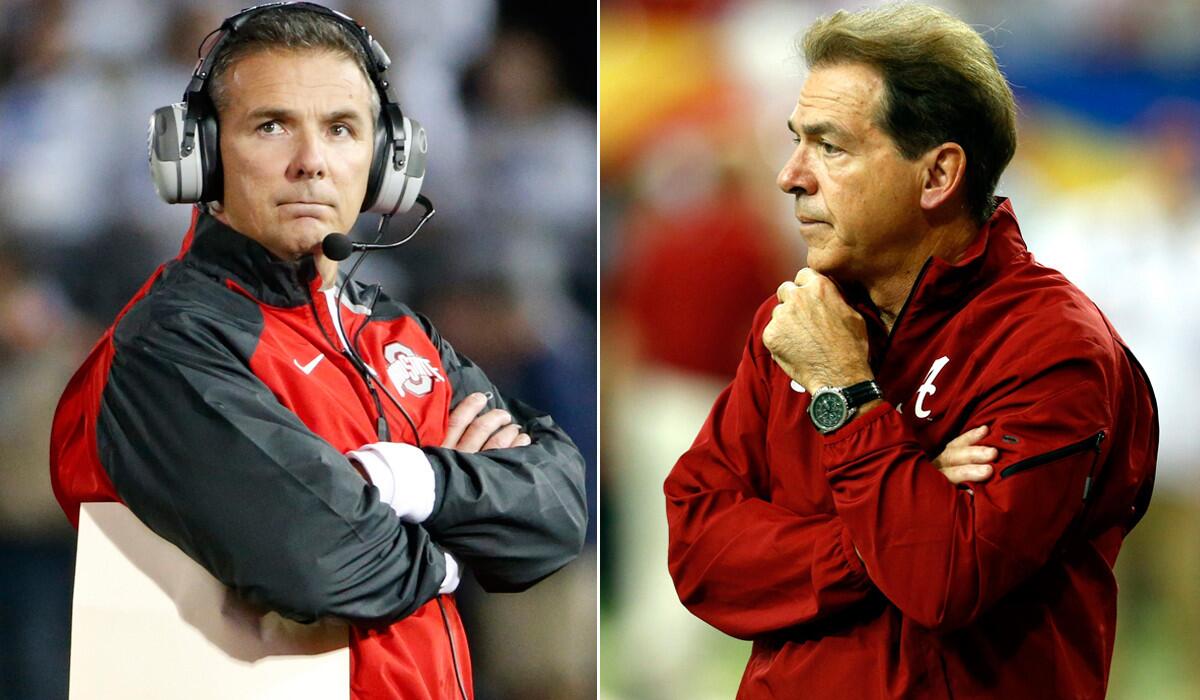Coaches Urban Meyer, left, of Ohio State and Nick Saban of Alabama will match wits and powerhouse teams in the Sugar Bowl on Thursday.