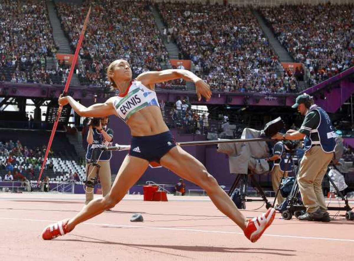 Jessica Ennis of Britain competes in the javelin part of the heptathlon.