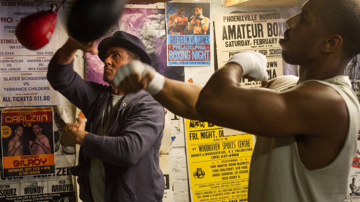 Sylvester Stallone as Rocky Balboa and Michael B. Jordan as Adonis Johnson Creed in "Creed." (Warner Bros. Pictures)