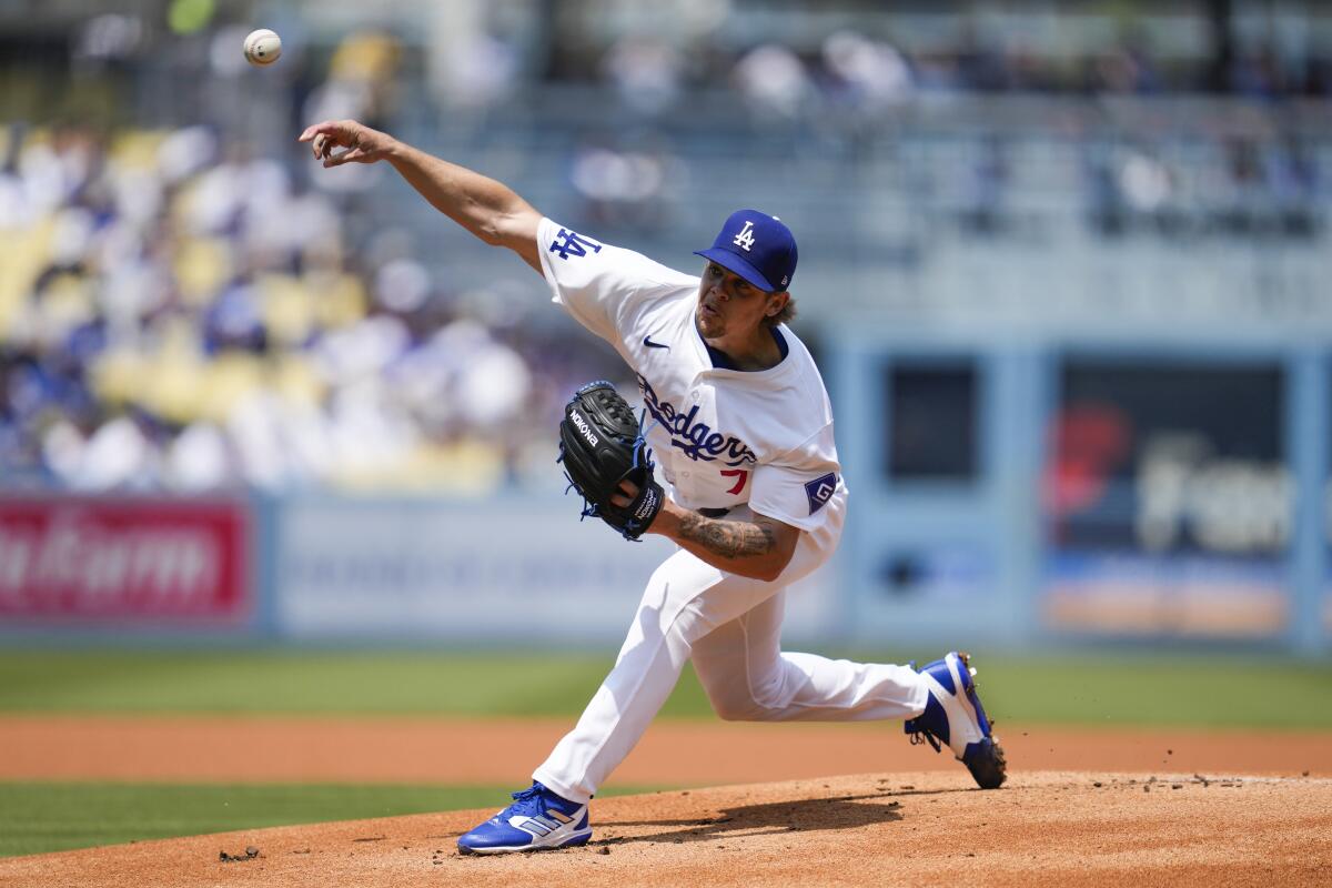 Dodgers starting pitcher Gavin Stone delivers against the Mets in the first inning Saturday.