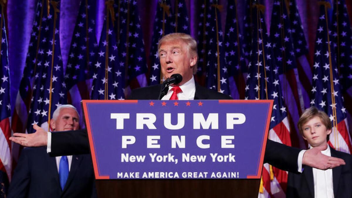 Republican President-elect Donald Trump delivers his acceptance speech in New York City.