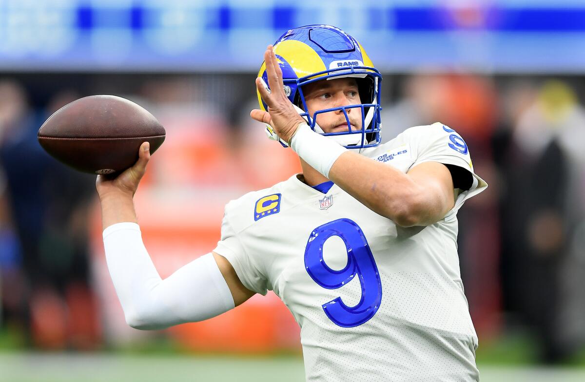 Rams quarterback Matthew Stafford warms up before a win over the Tampa Bay Buccaneers on Sept. 26.