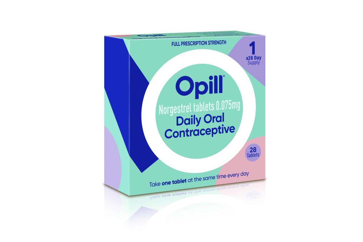 An illustration of a multicolor box reading "Full prescription strength Opill Daily Oral Contraceptive" in dark purple