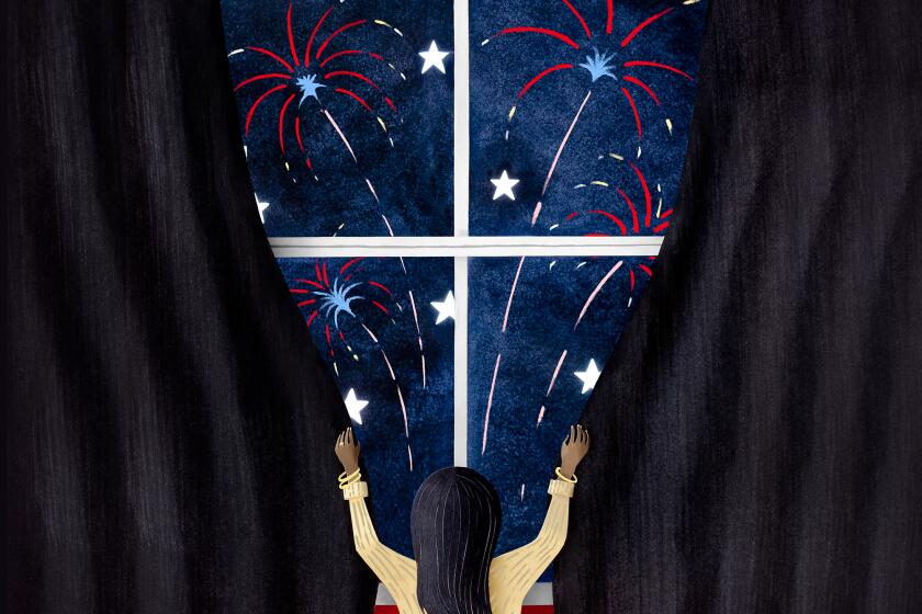 Illustration of a woman closing dark curtains on a scene of red white and blue fireworks outside the window