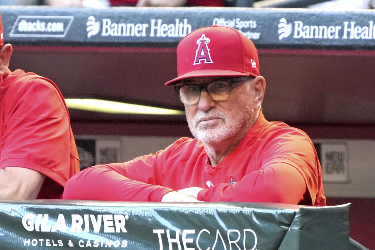 Angels manager Joe Maddon watches the Angels play the Arizona Diamondbacks at Chase Field on June 11.