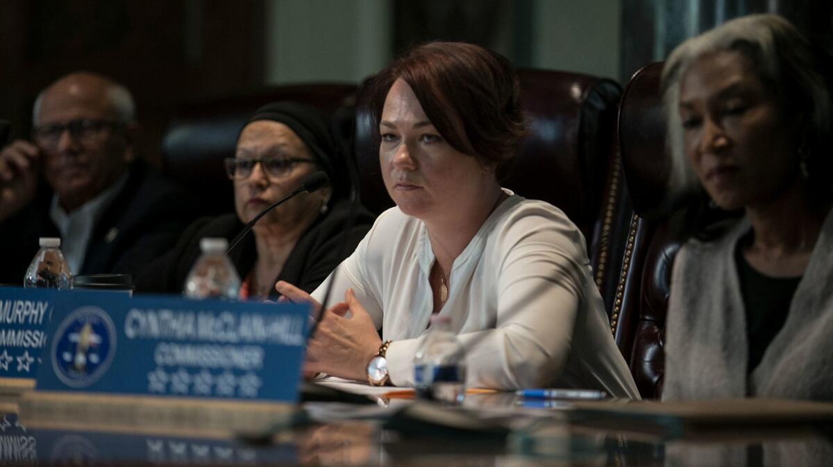 The L.A. Police Commissioner Shane Murphy Goldsmith looks on during a special meeting at City Hall to discuss homelessness. She opened the hearing by explaining her personal connection to the issue.