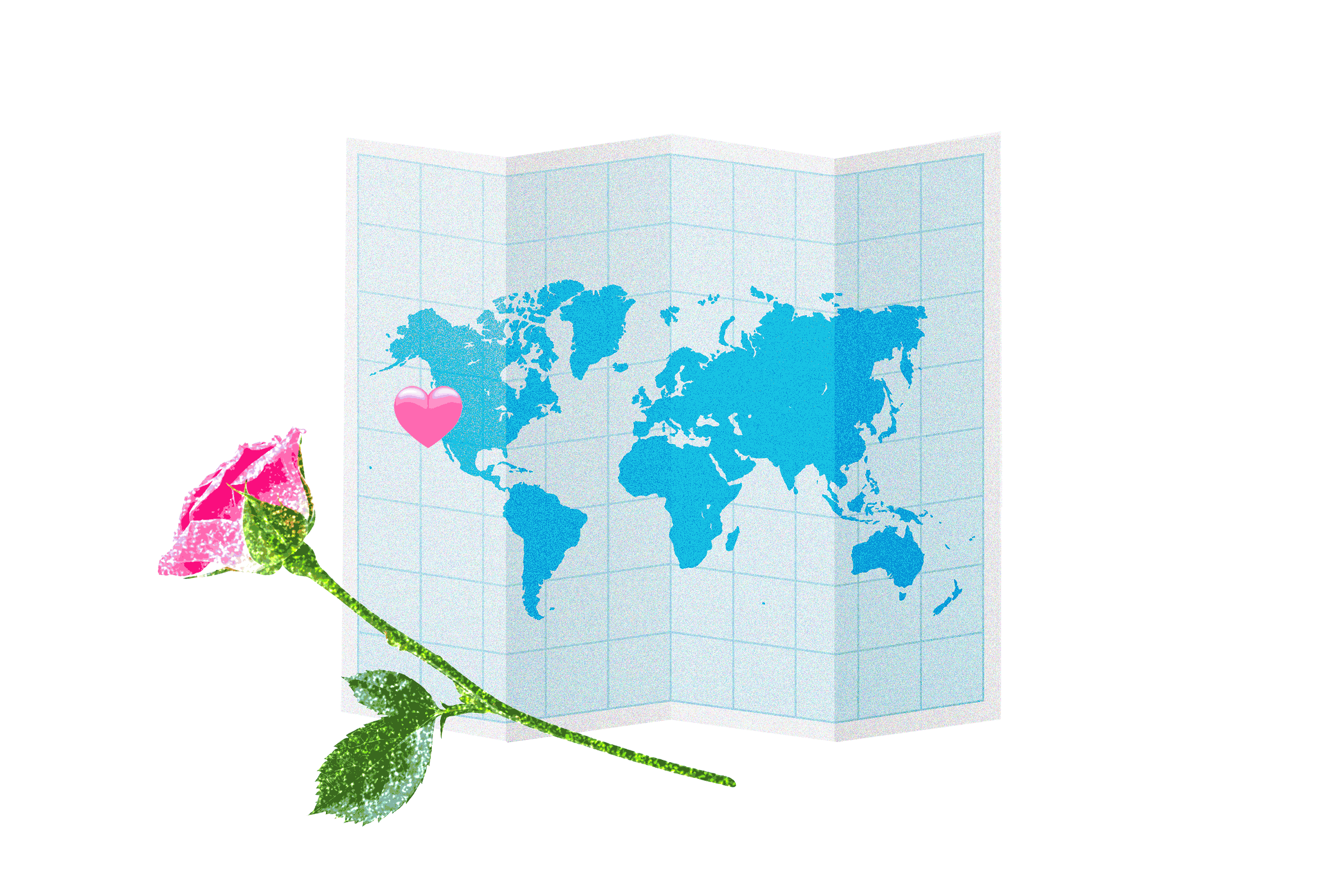 Heart moving around a map of the world, sparkly rose 