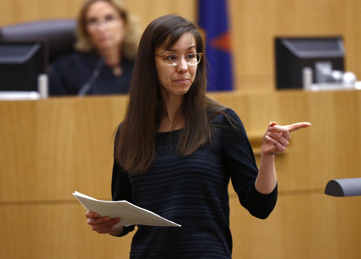 Jodi Arias points to her family as a reason for the jury to give her a life sentence instead of the death penalty during the penalty phase of her murder trial at Maricopa County Superior Court in Phoenix.