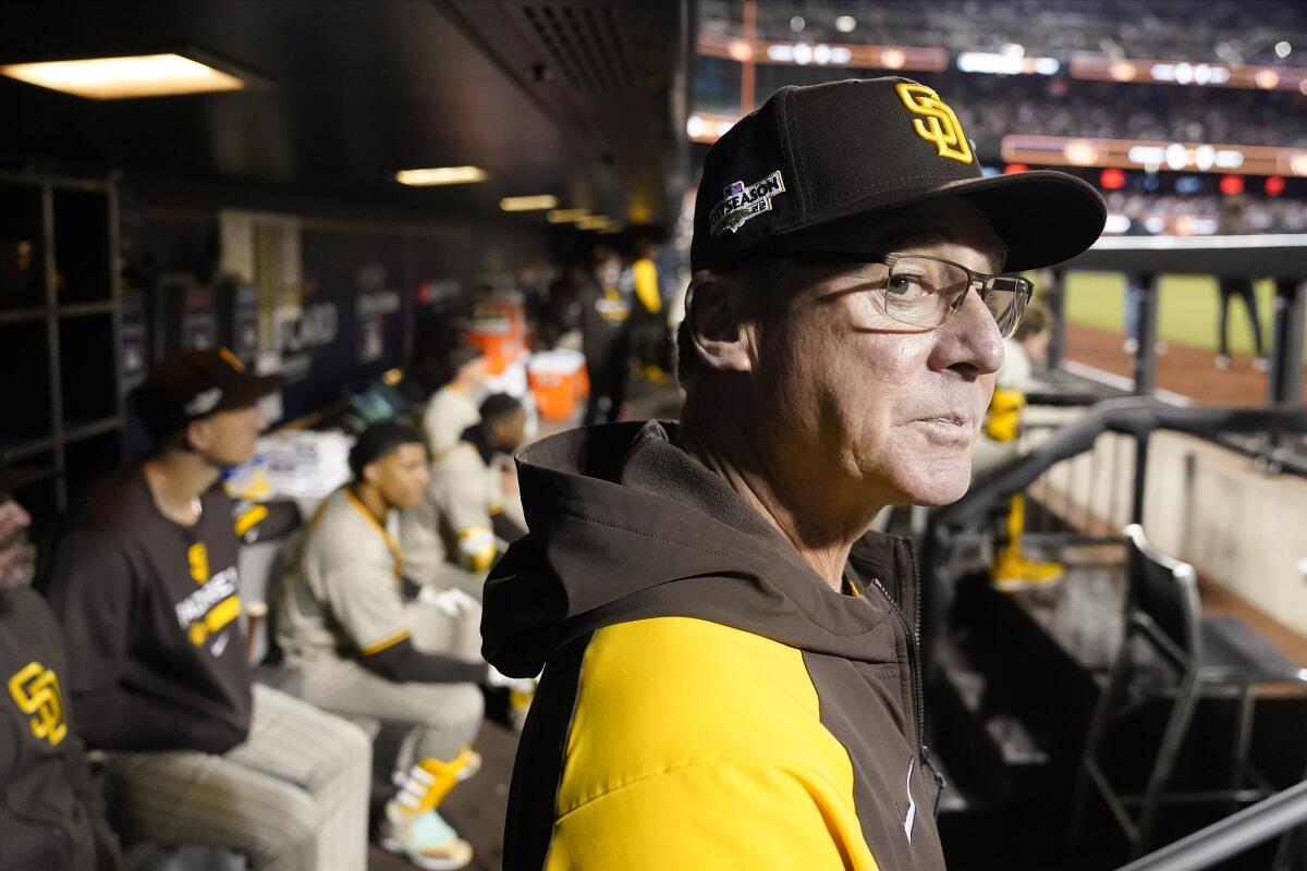 San Diego Padres manager Bob Melvin watches before Game 3 of the NL wild-card series against the New York Mets.