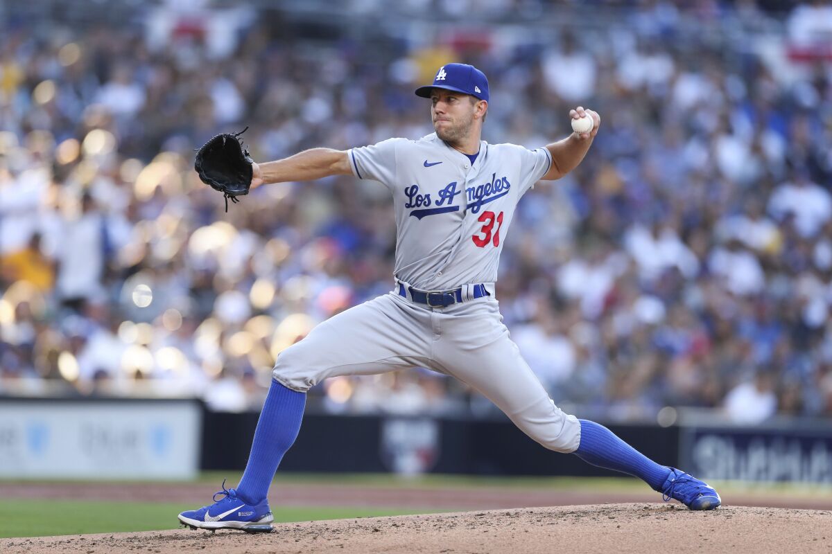 Dodgers starter Tyler Anderson delivers against the San Diego Padres Saturday night at Petco Park.