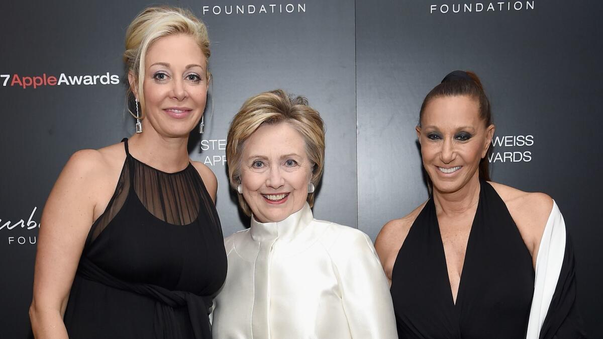 Nadja Swarovski, left, Hillary Rodham Clinton and Donna Karan attend the 2017 Stephan Weiss Apple Awards on June 7, 2017 in New York.