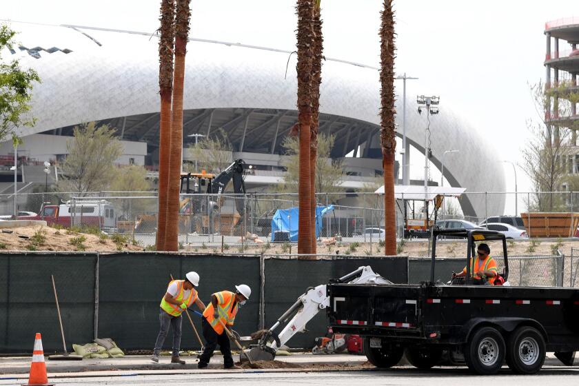 Construction at SoFi Stadium continues amidst the COVID-19 pandemic on March 31, 2020.