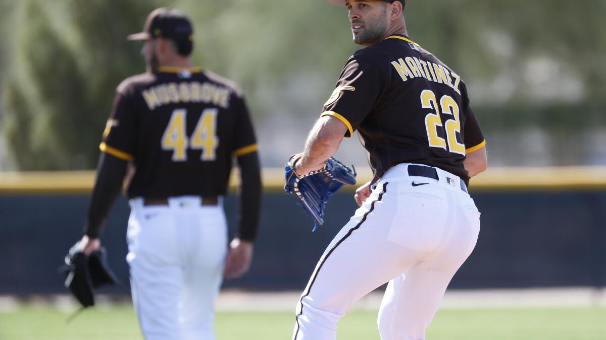 San Diego Padres pitcher Nick Martinez wears a fake hair clip to