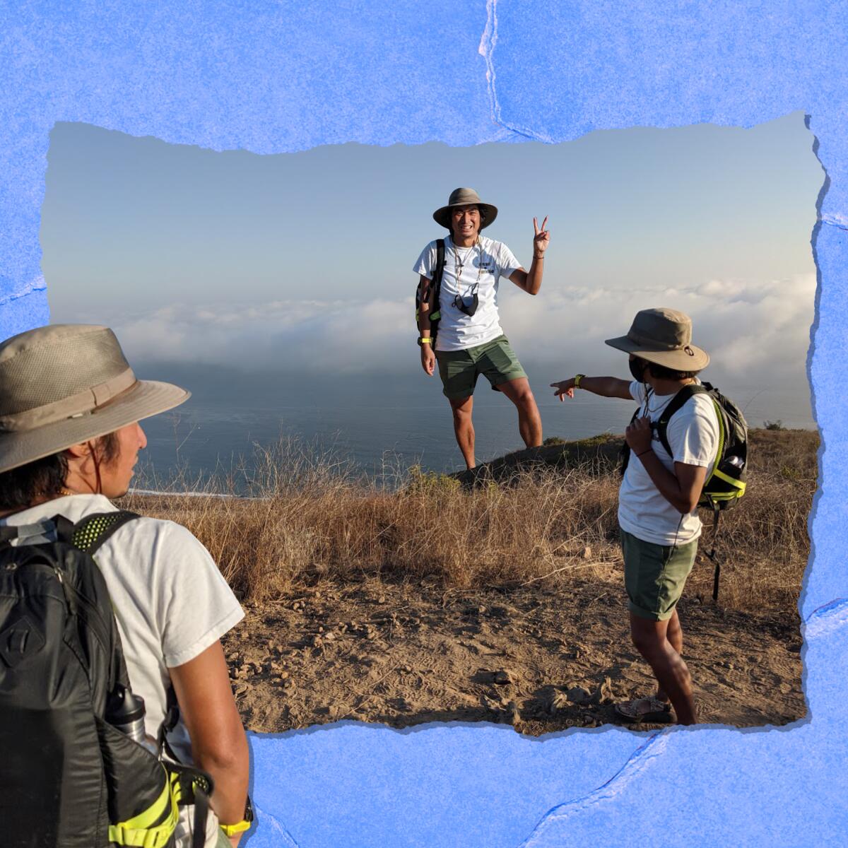 A figure is shown in three poses on a cliff overlooking the ocean.