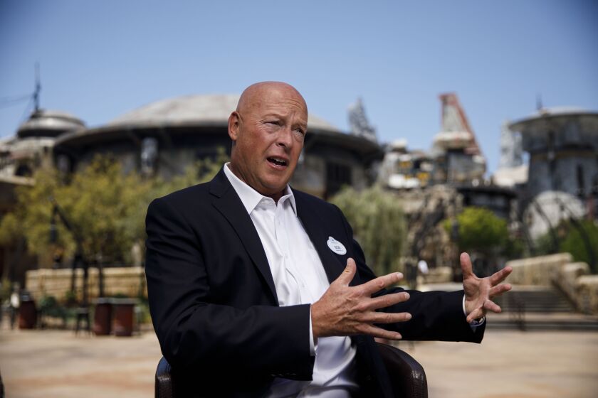 Bob Chapek, chairman of Walt Disney Parks and Experiences, speaks during a Bloomberg interview at an unveiling event of Star Wars: Galaxy's Edge at Walt Disney Co.'s Disneyland theme park in Anaheim, California, U.S., on Wednesday, May 29, 2019. The 14-acre project is the largest-ever addition to the park and the most hotly anticipated new attraction to open at the resort in decades. Disney designers aimed to build a place where Star Wars fans can walk into their own intergalactic adventure. Photographer: Patrick T. Fallon/Bloomberg via Getty Images