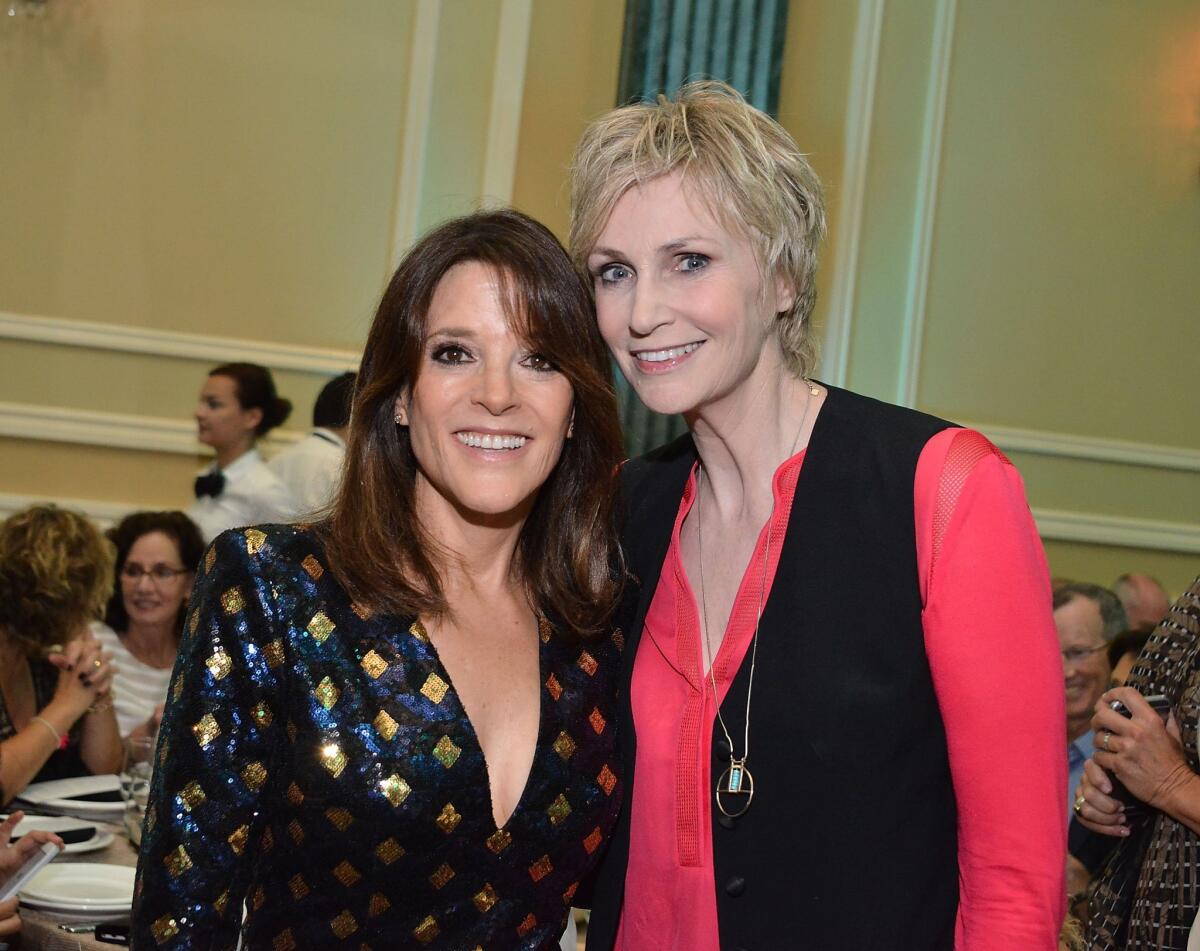 Marianne Williamson and Jane Lynch are all smiles at Project Angel Food's Angel Awards 2015 in Hollywood.