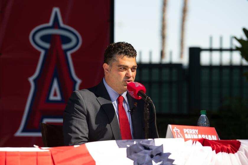 New Angels general manager Perry Minasian speaks at his introduction press conference.