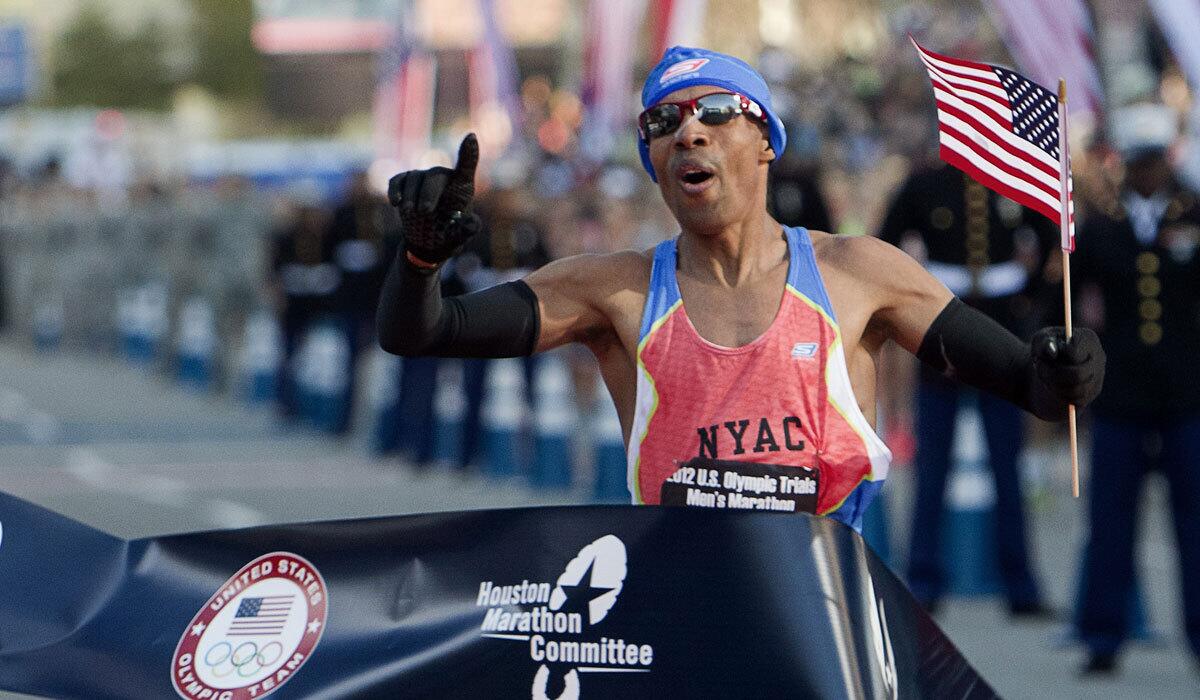 Meb Keflezighi wins the 2012 U.S. Marathon Olympic Trials in Houston. Keflezighi, 40, is the only member of the U.S team from the last Olympics who is entered in this year's trials in Los Angeles.