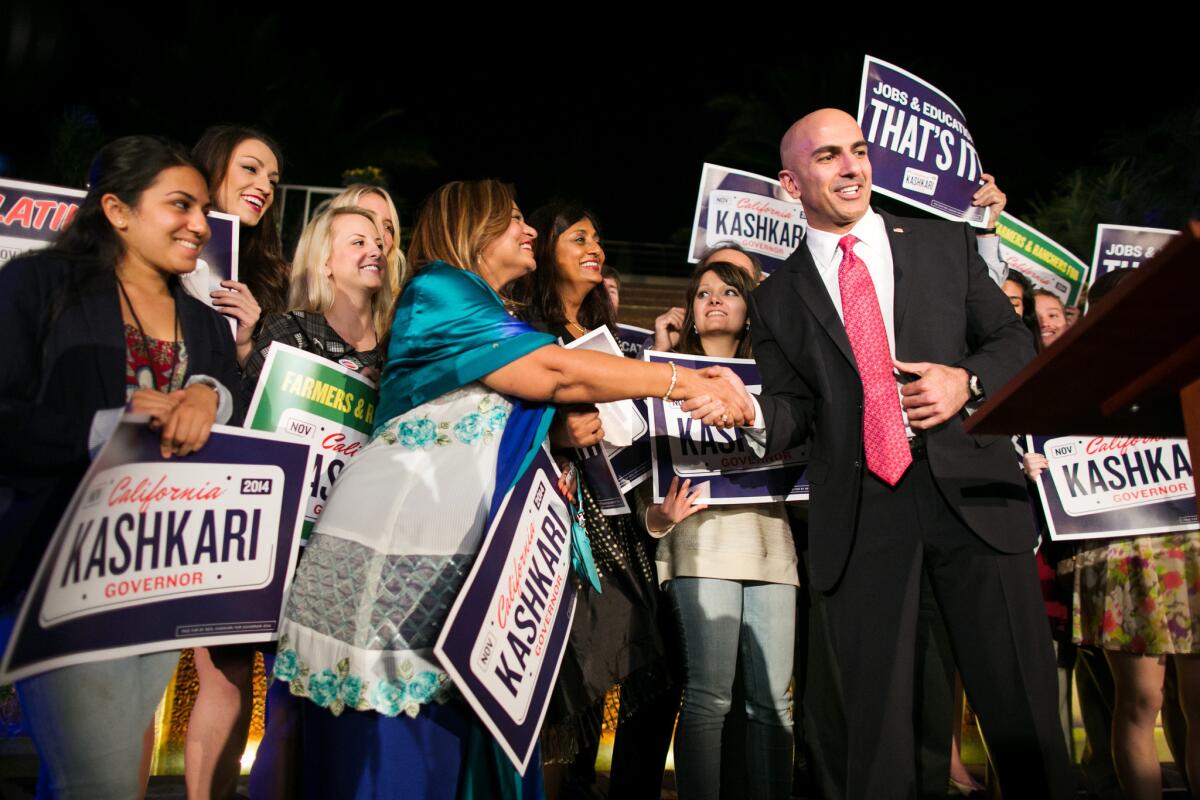 Neel Kashkari, the Republican candidate for governor last year, greets supporters at his election-night party in Costa Mesa on Nov. 4. On Wednesday, Kashkari endorsed Assemblyman Rocky Chavez in his bid for the U.S. Senate.