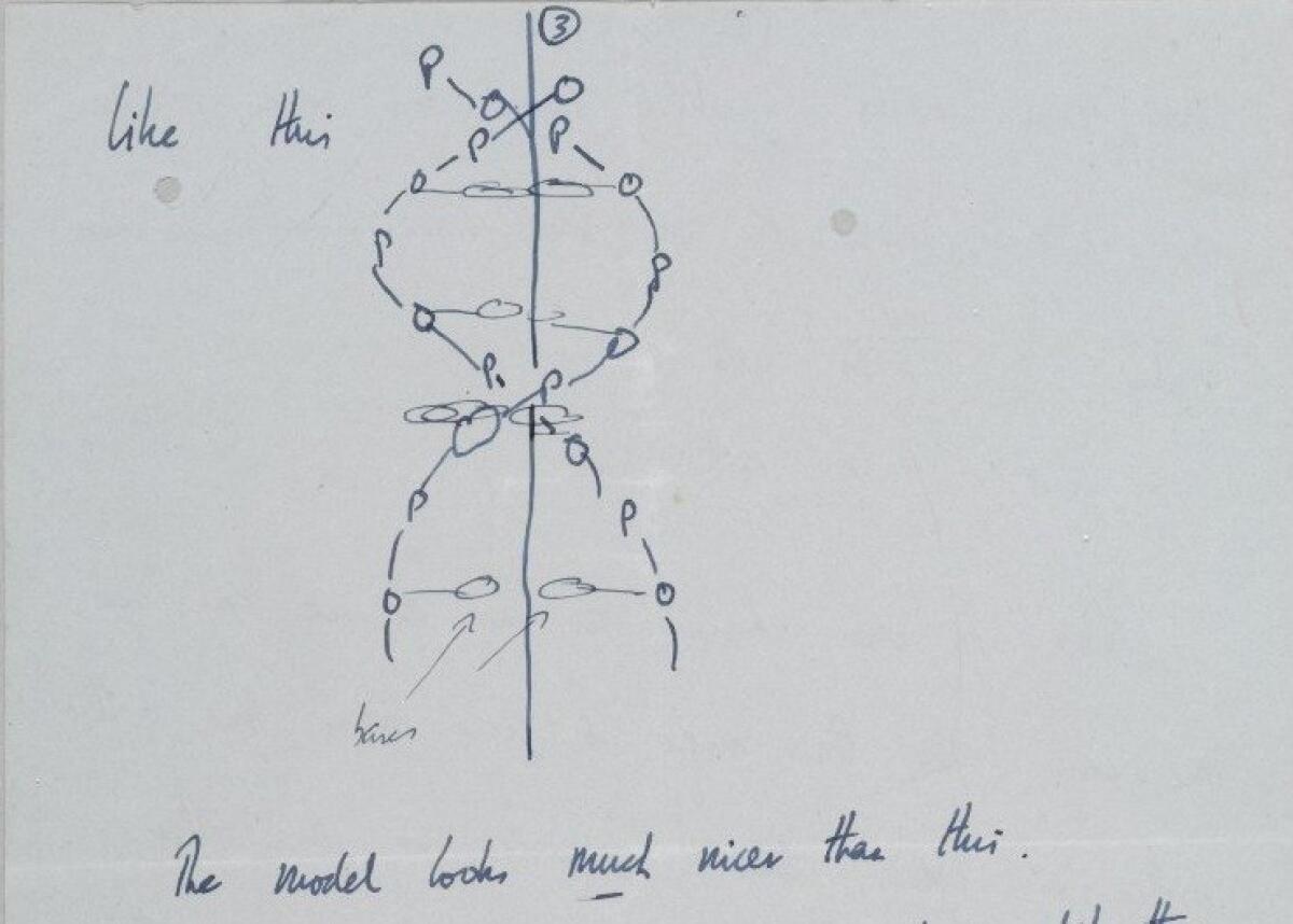 As DNA Day dawns Thursday, scholars and auction buffs are focused on the letters of co-discoverer Francis Crick. Here, a drawing of the DNA molecule from a letter the scientist wrote in 1953 to his 12-year-old son.