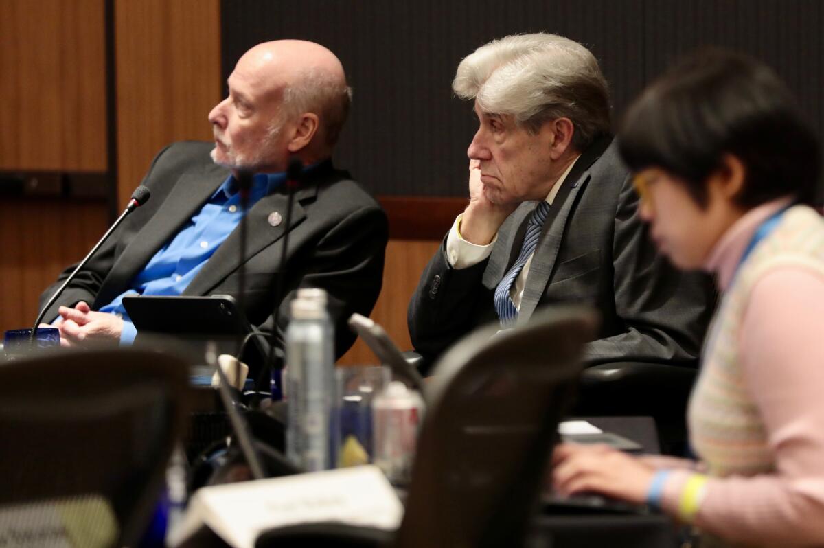 Chancellor Julio Frenk, center, during an academic and students affairs committee meeting at UCLA on March 19.