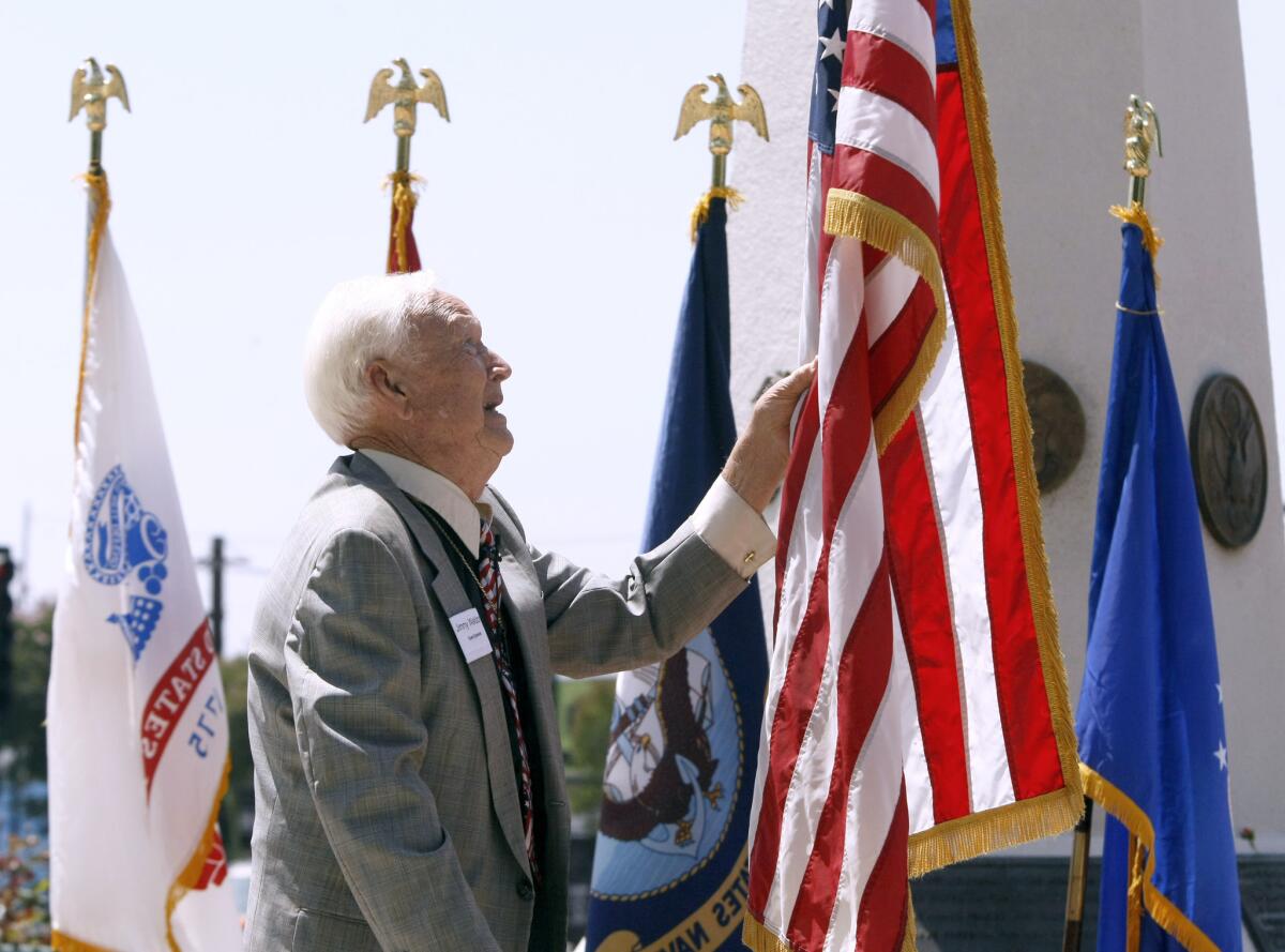 World War II veteran and actor Jimmy Weldon gives Presentation of Old Glory speech during the Memorial Day Ceremony at McCambridge Park War Memorial in Burbank on Monday, May 26, 2014.