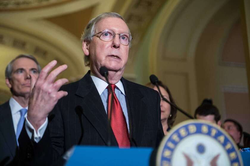 US Senate Majority Leader Mitch McConnell speaks to the press at the Capitol in Washington, DC on January 20, 2015 just hours before US President Barack Obama delivers the State of the Union. AFP PHOTO/NICHOLAS KAMMNICHOLAS KAMM/AFP/Getty Images ** OUTS - ELSENT, FPG - OUTS * NM, PH, VA if sourced by CT, LA or MoD **