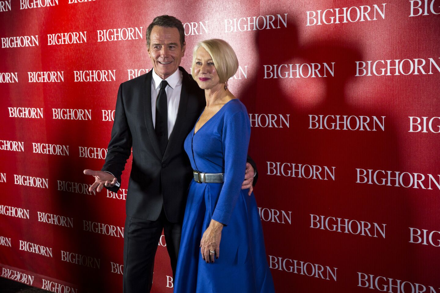 "Trumbo" actors Bryan Cranston and Hellen Mirren backstage after Cranston was presented with the Spotlight Award.
