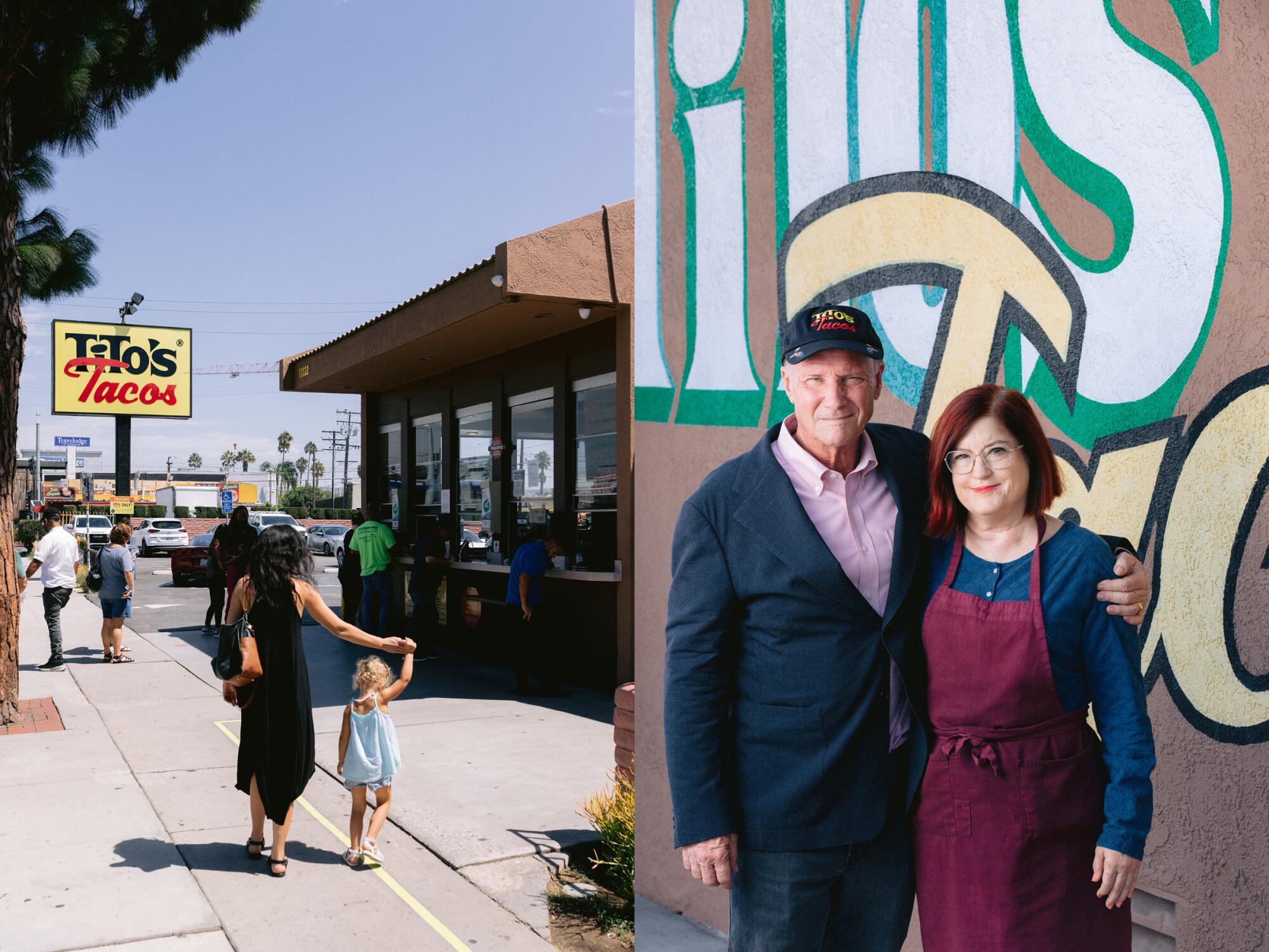 Two images side by side of a little girl holding her mother's hand outside Tito's, left, and a portrait of a man and a woman.