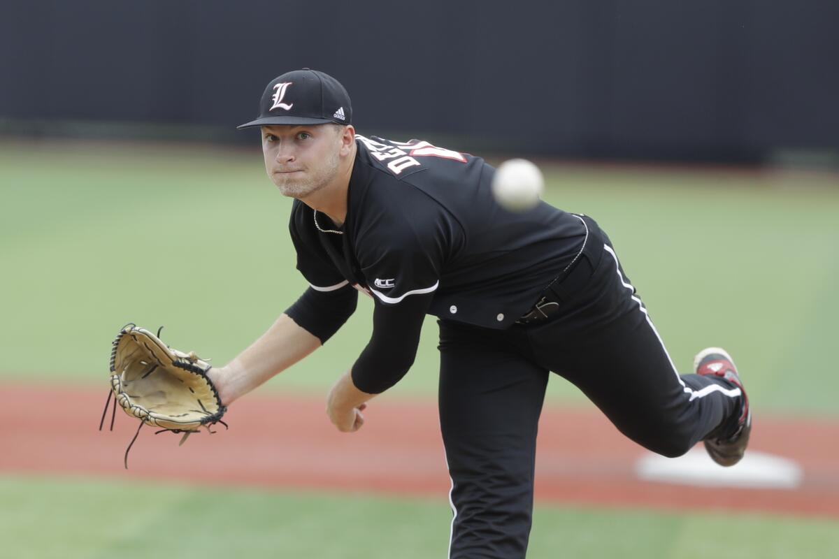 Louisville's Reid Detmers pitches during an NCAA super regional game against East Carolina on June 7, 2019.
