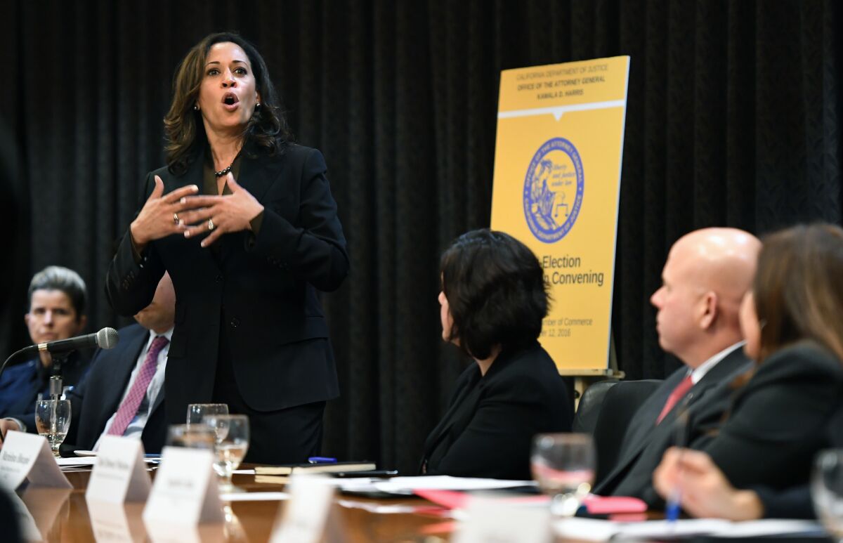 Atty. Gen. Kamala Harris speaks to immigrant rights advocates, community leaders, local law enforcement officials and members of the state Legislature about working collaboratively on immigration.