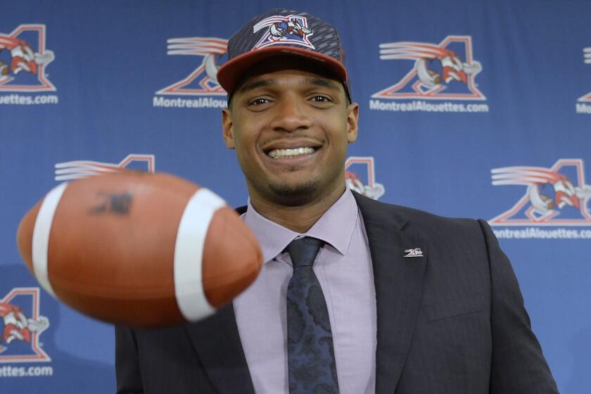 Montreal Alouettes defensive lineman Michael Sam at his introductory news conference on May 26.