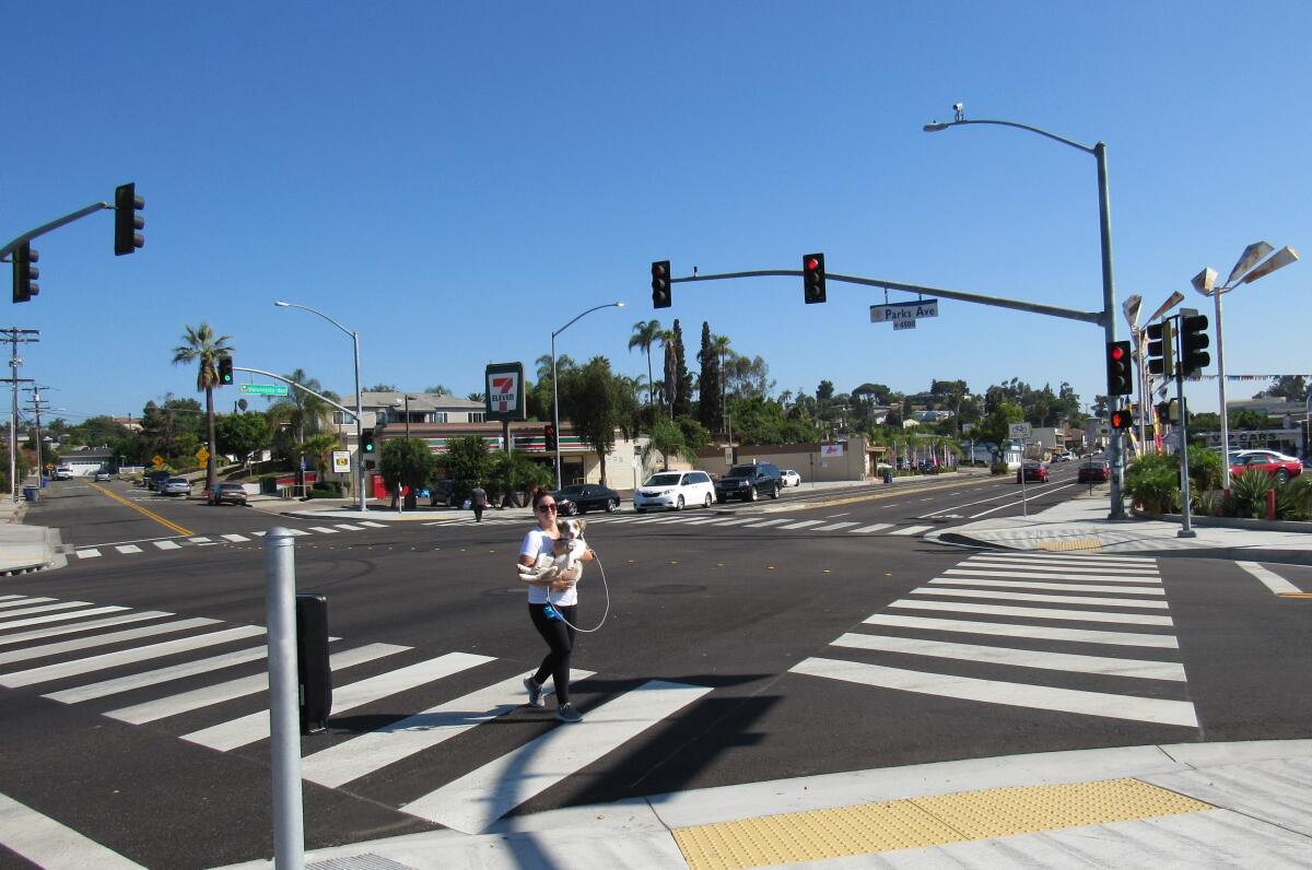 A woman carries her dog across the street on University Avenue at Parks Avenue in the western part of La Mesa. Circulate San Diego shared statistics about some dangerous East County intersections and how cities can save lives of pedestrians and cyclists by using some of the strategies the group supports.
