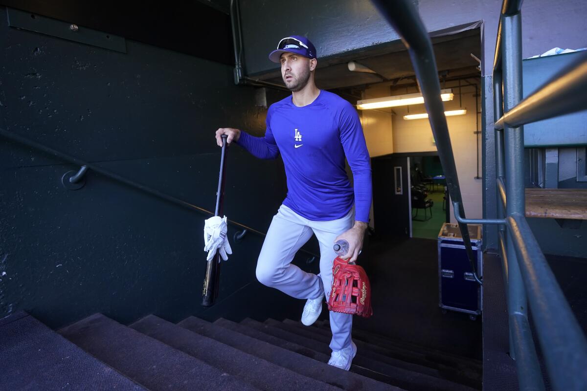 Dodgers' Joey Gallo walks in the dugout before the team's game against the San Francisco Giants.