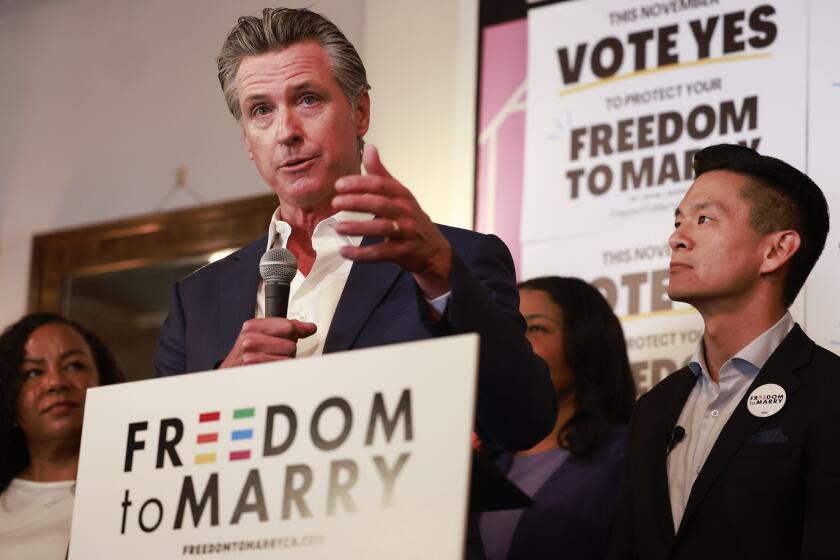 California Governor Gavin Newsom joins Senator Scott Wiener, Congressman Evan Low, President pro Tempore Emeritus Tony Atkins, San Francisco Mayor London Breed and other local officials for a rally in support of Freedom to Marry, a ballot measure to remove Proposition 8 from state Constitution, held at Manny's at 16th and Mission streets in San Francisco Friday, June 7, 2024.