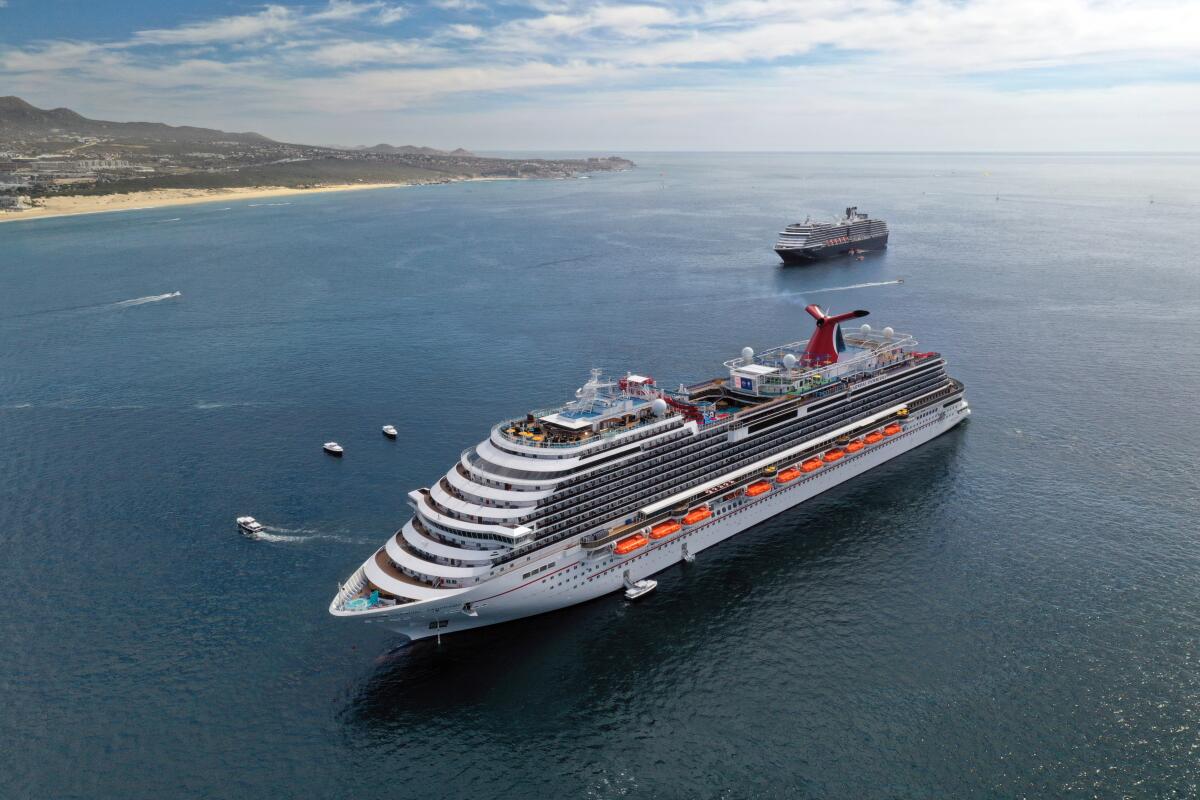 A cruise ship sits in the water off the coast.