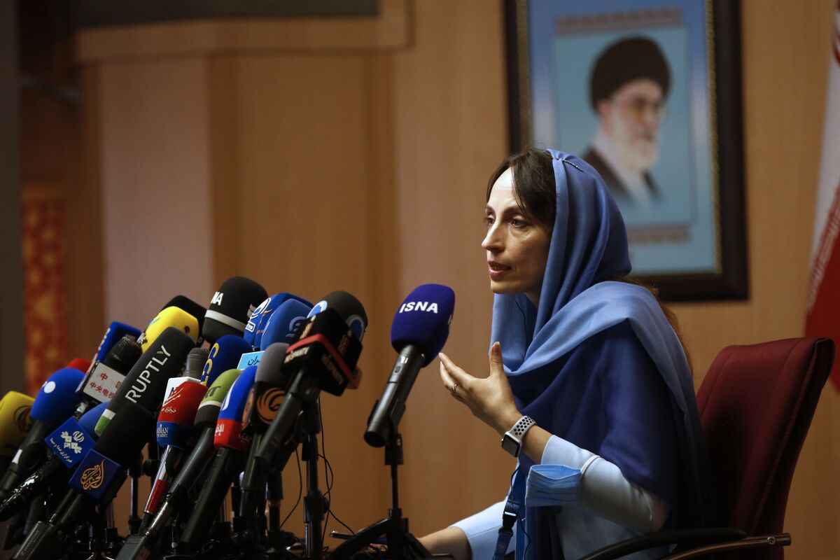 The UN special rapporteur on the negative impact of the unilateral sanctions Alena Douhan, speaks during her news conference in Tehran, Iran, Wednesday, May 18, 2022. Sweeping U.S. sanctions imposed on Iran have badly impacted the country's economy and worsened the humanitarian situation in the Persian Gulf nation, Douhan said Wednesday. (AP Photo)