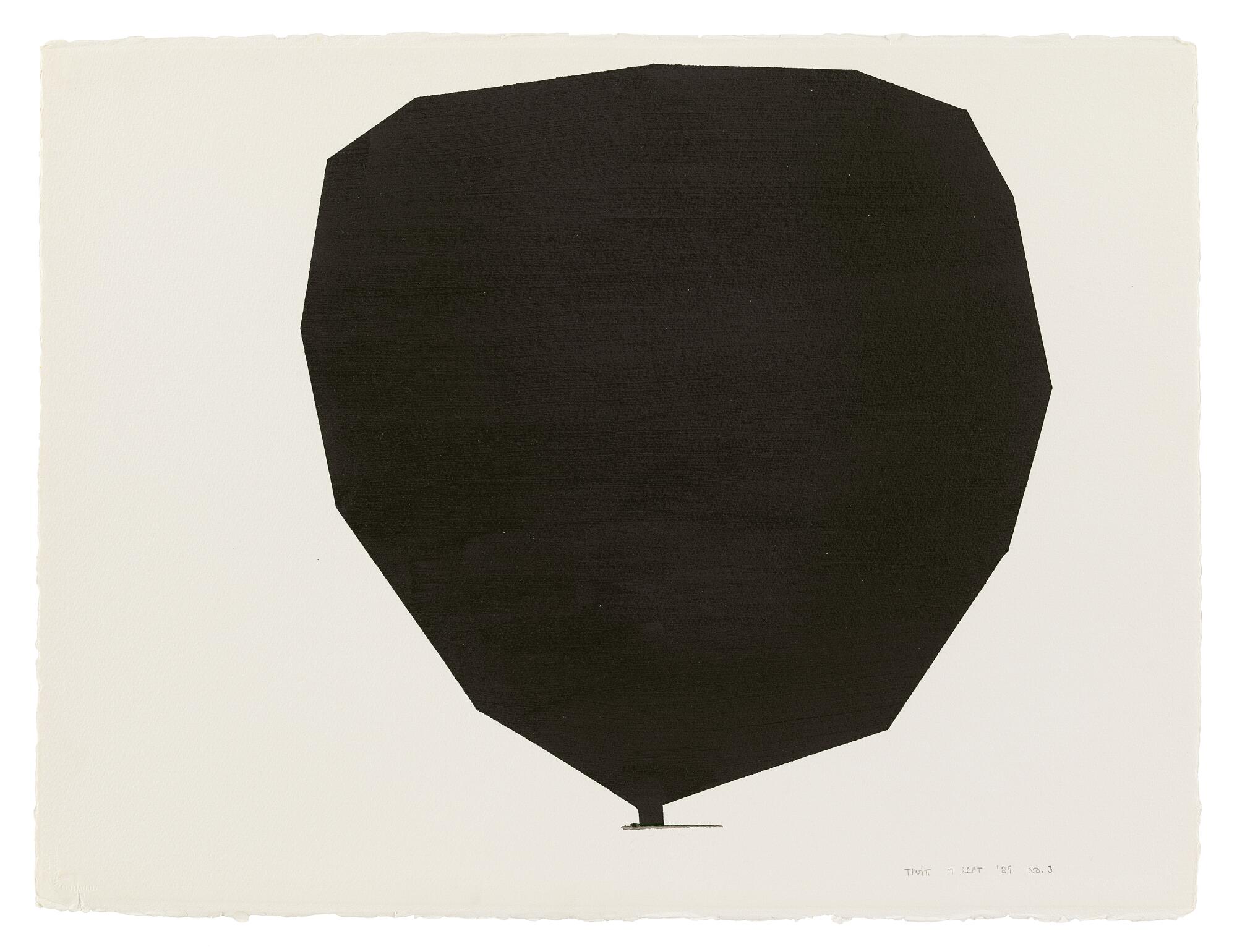 A minimalist work by Anne Truitt shows an irregularly shaped geometric form in black against a white background