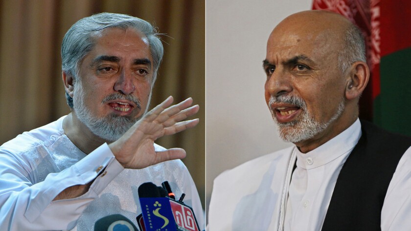 Afghan presidential candidates Abdullah Abdullah, left, and Ashraf Ghani, right, are shown.