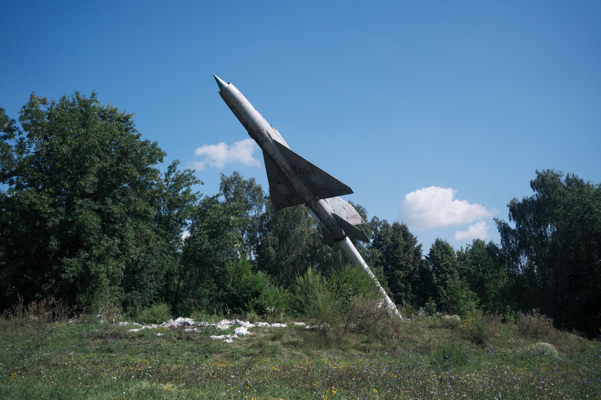 A Soviet monument of a fighter jet 