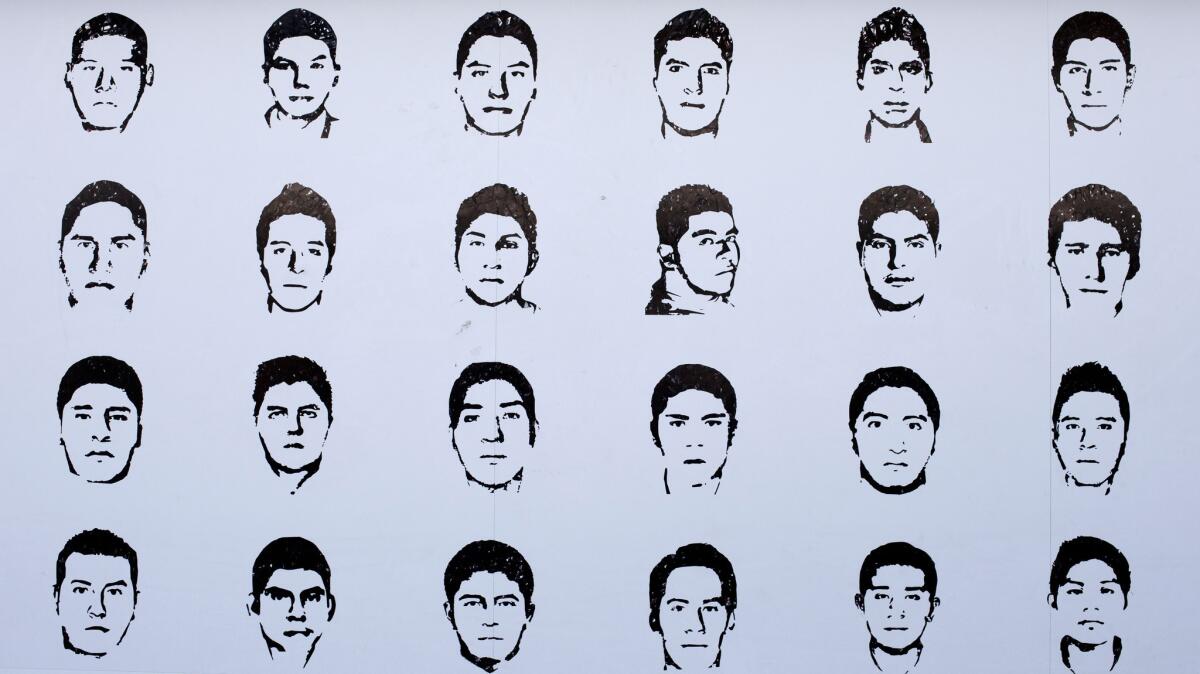 Stencil portraits of some of the missing students are depicted on a billboard erected by Amnesty International at a protest camp inside Mexico City's main square. Stencilling is a form that dates back hundreds of years, but began to be regularly employed for political purposes during the 20th century.