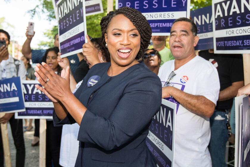 CHELSEA, MA - SEPTEMBER 04: Boston City Councilwomen And House Democratic Candidate Ayanna Pressley applauds in front of her supporters during primary day on September 4, 2018 in Chelsea, Massachusetts. Pressley is campaigning for Boston's Seventh Congressional District against fellow Democrat Michael Capuano. (Photo by Scott Eisen/Getty Images) ** OUTS - ELSENT, FPG, CM - OUTS * NM, PH, VA if sourced by CT, LA or MoD **