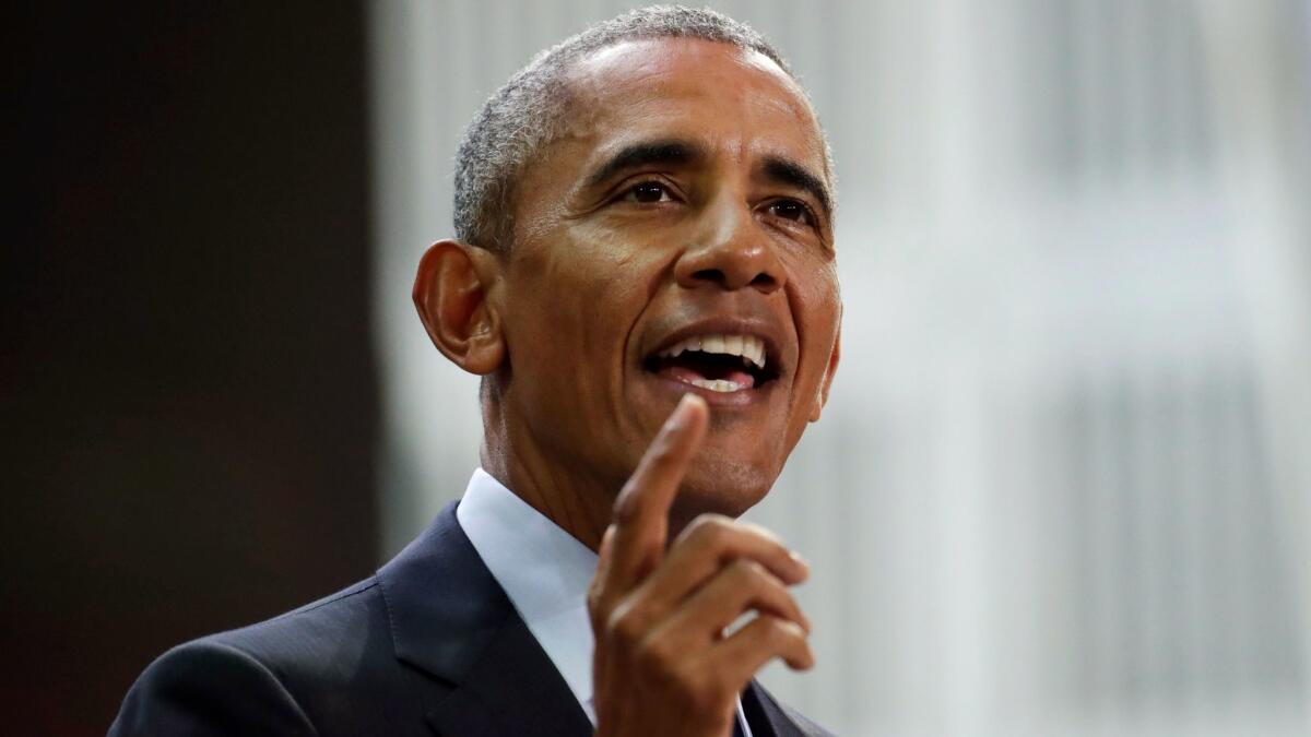 Former President Barack Obama speaks during the Goalkeepers Conference in New York on Sept. 20, 2017.